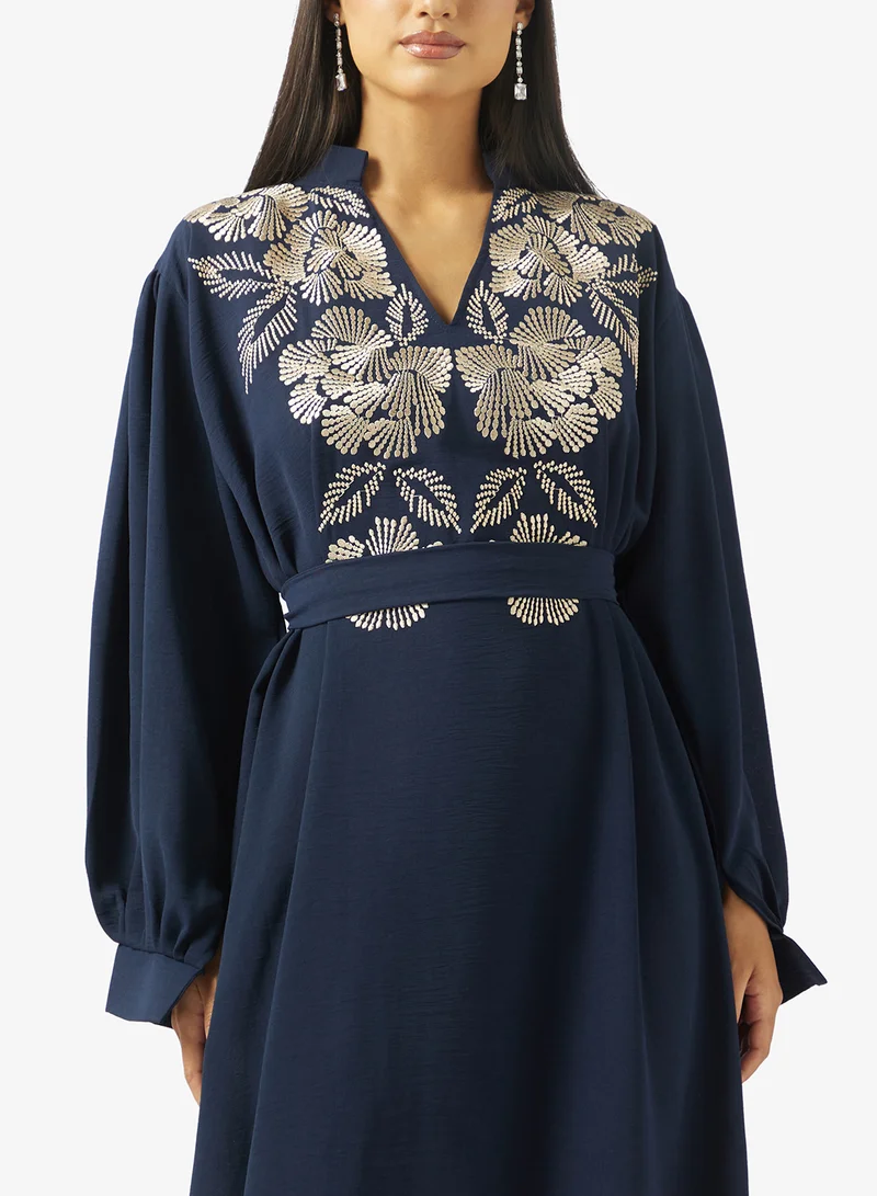 hayas closet  Collar Type Floral Embroidery Work At Front Section And Belt Jalabiya for Women | Best Price UAE